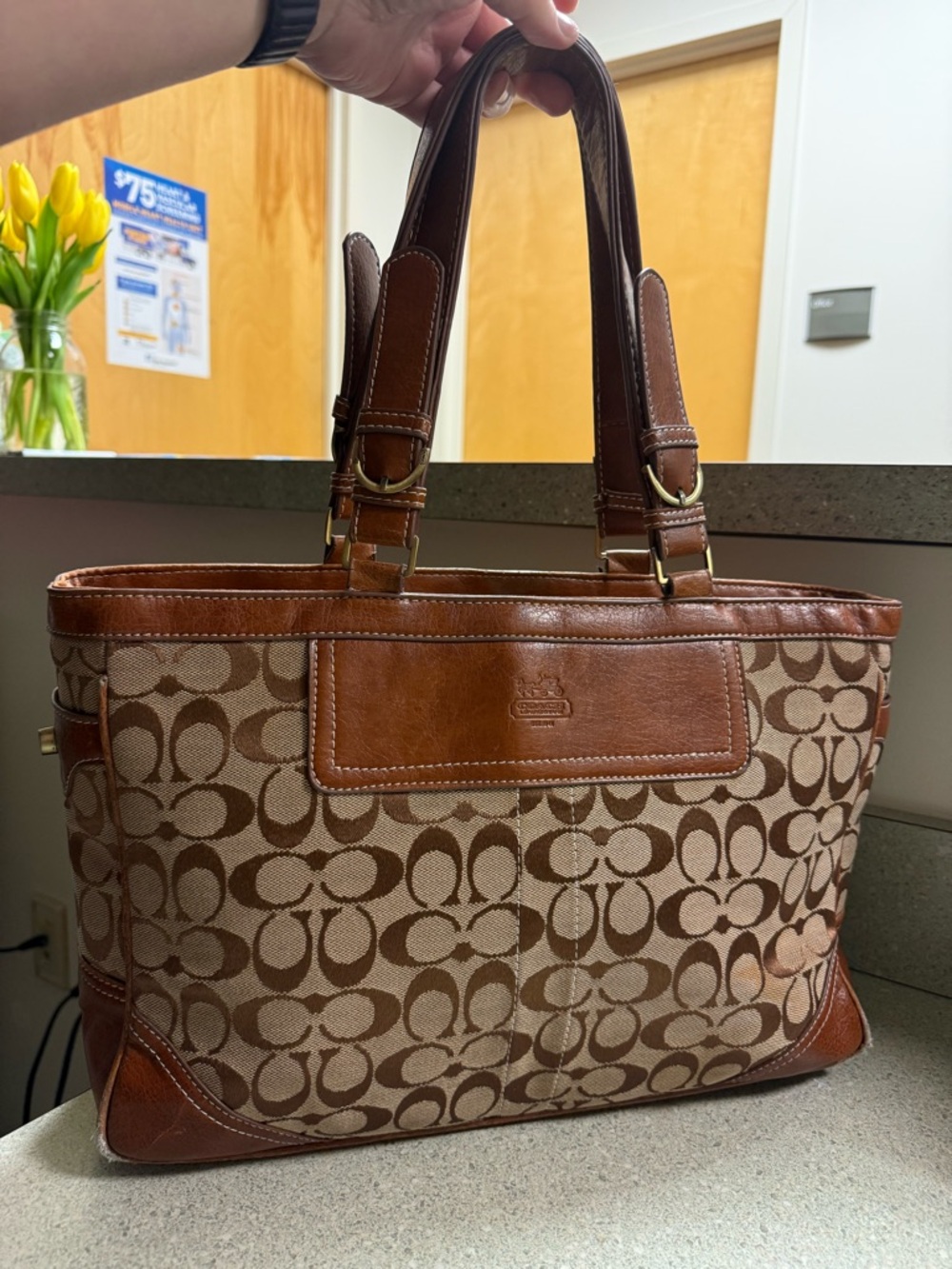 Vintage Coach Signature Jacquard Gallery Tote with Leather Trim